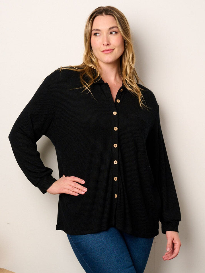PLUS SIZE LONG SLEEVE BUTTON UP FRONT POCKETS RIBBED BLOUSE TOP