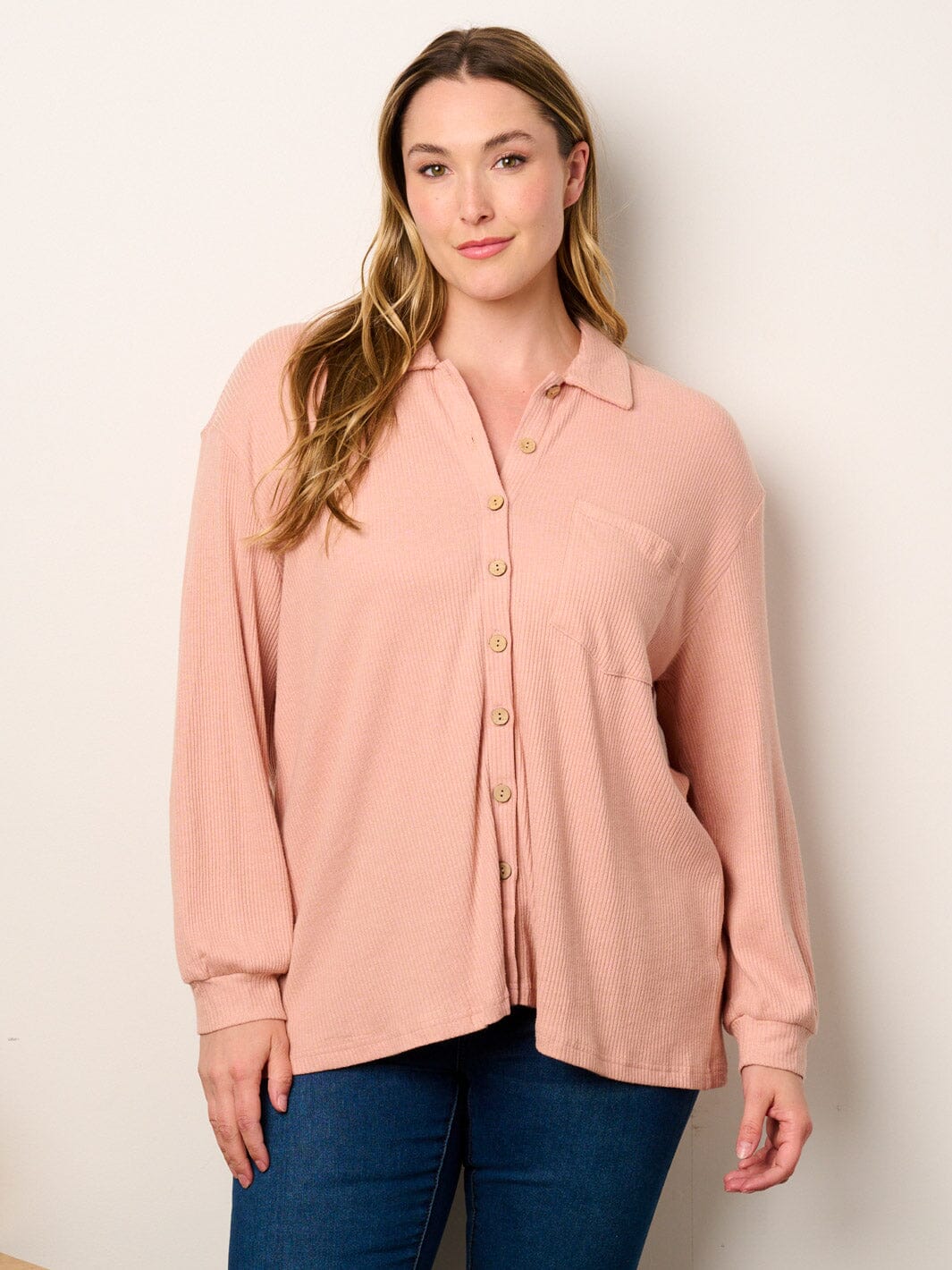 PLUS SIZE LONG SLEEVE BUTTON UP FRONT POCKETS RIBBED BLOUSE TOP