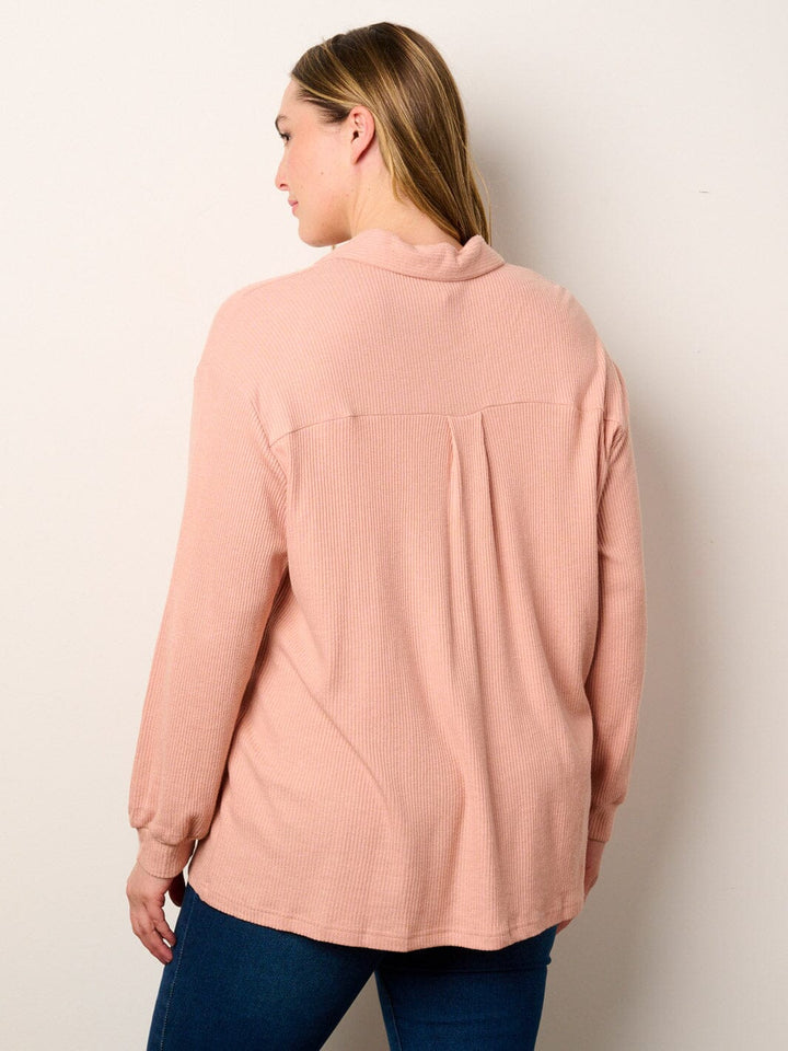 PLUS SIZE LONG SLEEVE BUTTON UP FRONT POCKETS RIBBED BLOUSE TOP