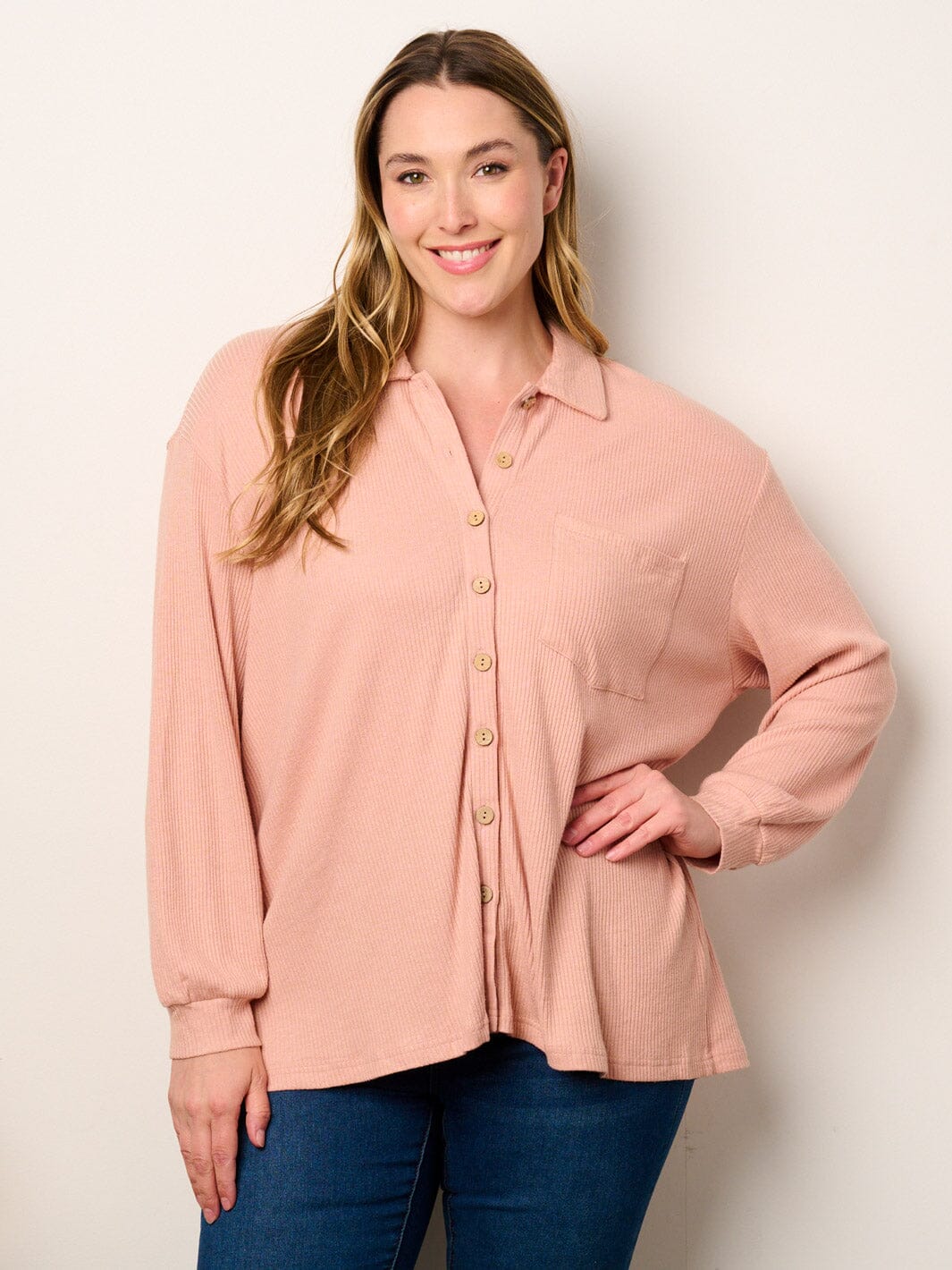 PLUS SIZE LONG SLEEVE BUTTON UP FRONT POCKETS RIBBED BLOUSE TOP
