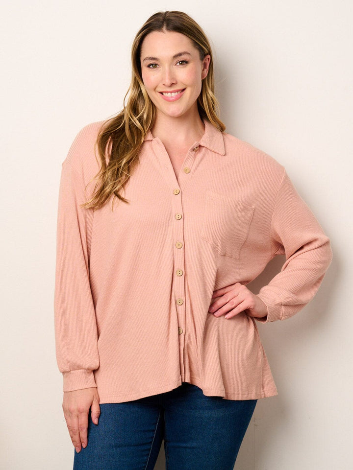 PLUS SIZE LONG SLEEVE BUTTON UP FRONT POCKETS RIBBED BLOUSE TOP