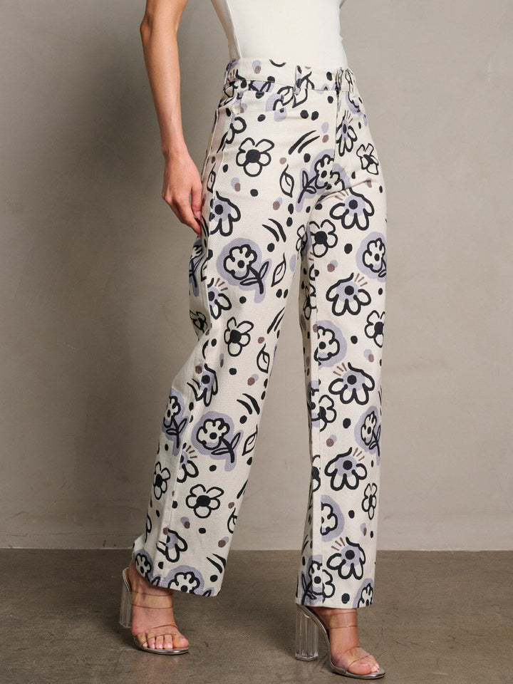 WOMEN'S BUTTON CLOSURE POCKETS FLORAL DENIM PANTS