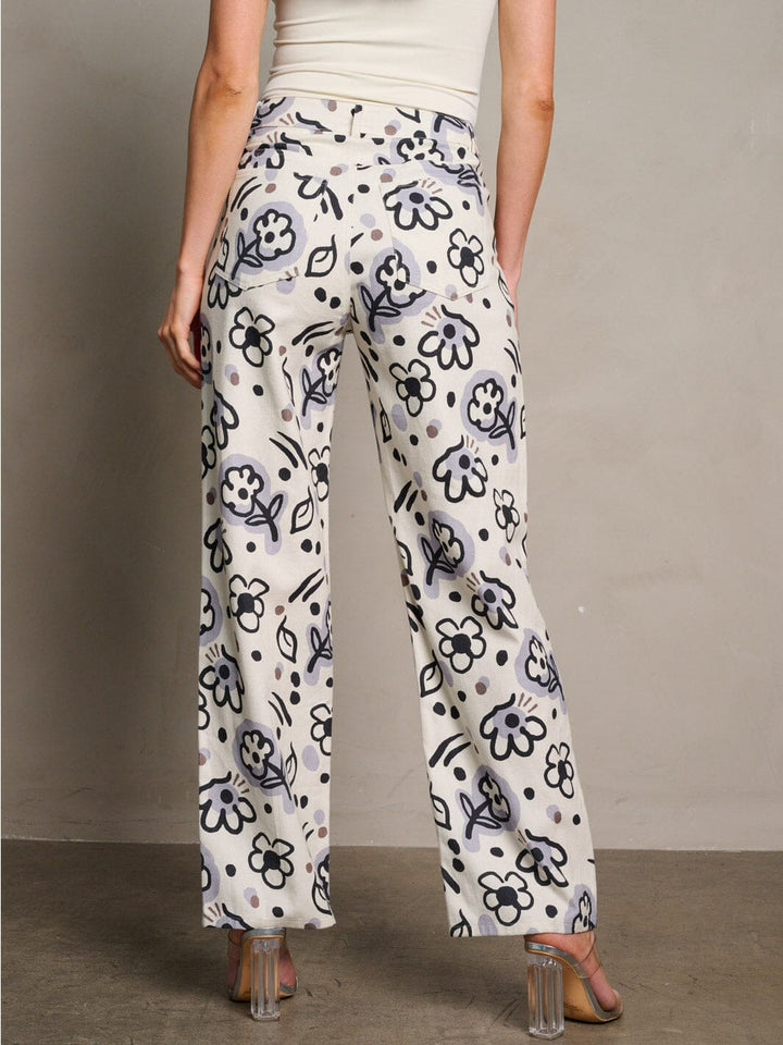 WOMEN'S BUTTON CLOSURE POCKETS FLORAL DENIM PANTS