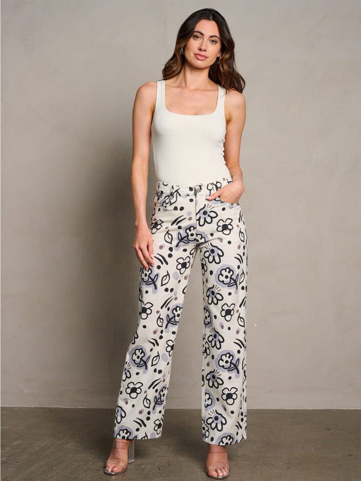 WOMEN'S BUTTON CLOSURE POCKETS FLORAL DENIM PANTS