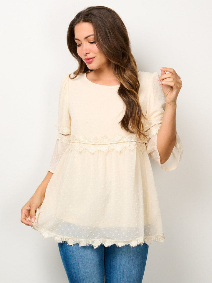 WOMEN'S 3/4 SLEEVE TRIM DETAILED SWISS DOTS BLOUSE TOP