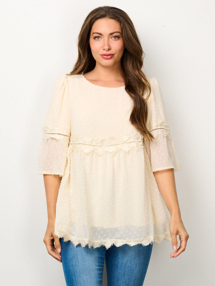 WOMEN'S 3/4 SLEEVE TRIM DETAILED SWISS DOTS BLOUSE TOP