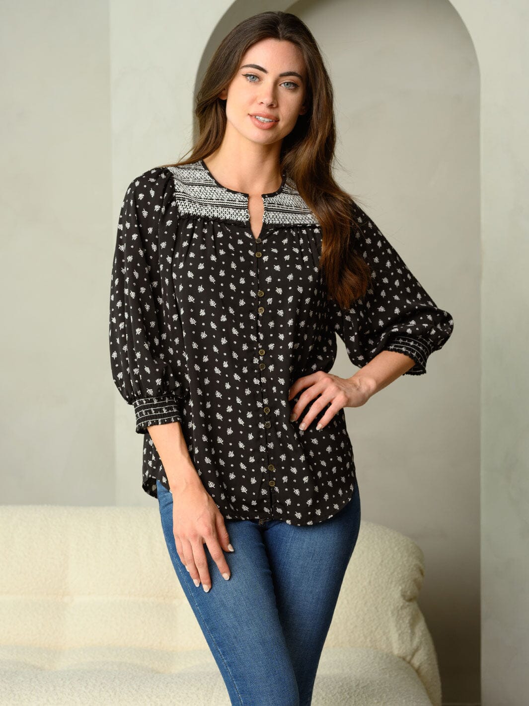 WOMEN'S LEAF PRINT PUFF LONG SLEEVE WITH NOVELTY SMOCKED YOKE TOP