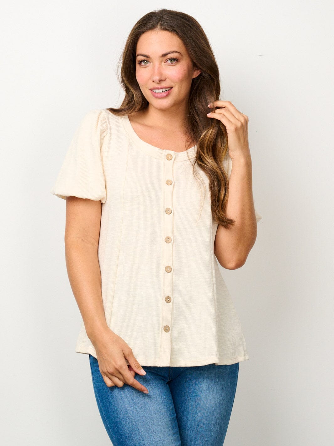 WOMEN'S SHORT PUFF SLEEVE BUTTON UP BLOUSE TOP