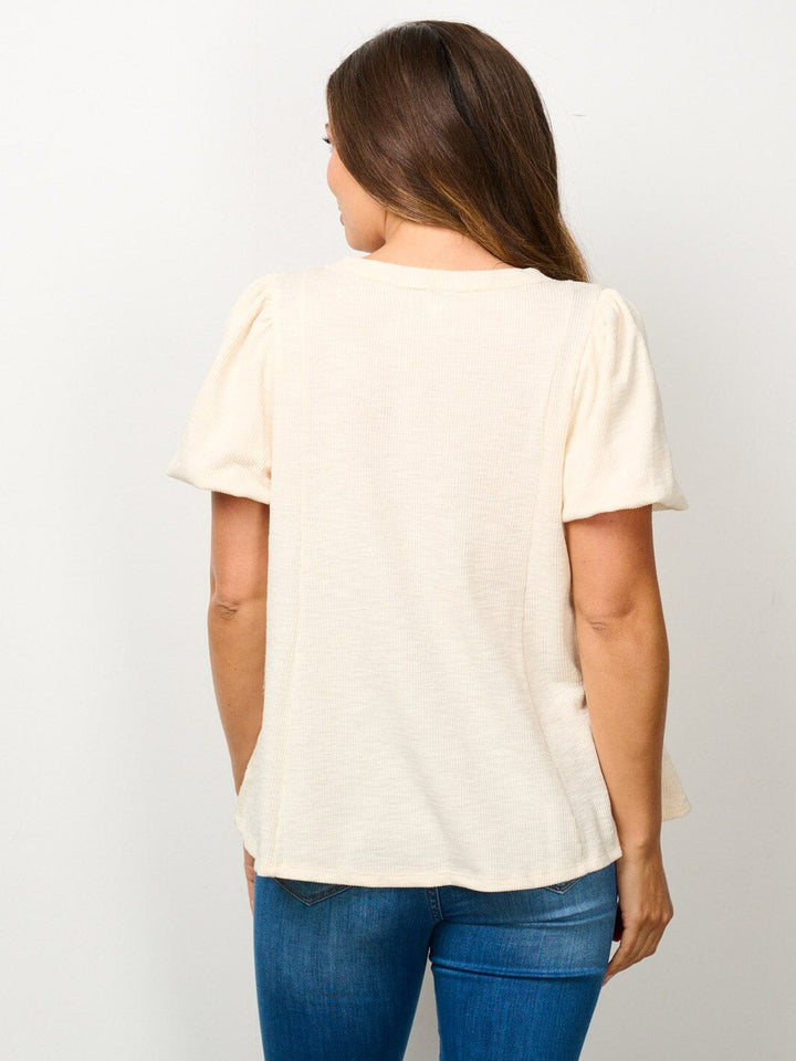 WOMEN'S SHORT PUFF SLEEVE BUTTON UP BLOUSE TOP