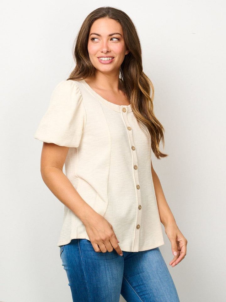 WOMEN'S SHORT PUFF SLEEVE BUTTON UP BLOUSE TOP