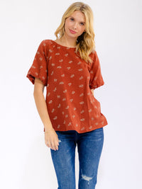 WOMEN'S SHORT PUFF SLEEVE FLORAL PRINT BLOUSE