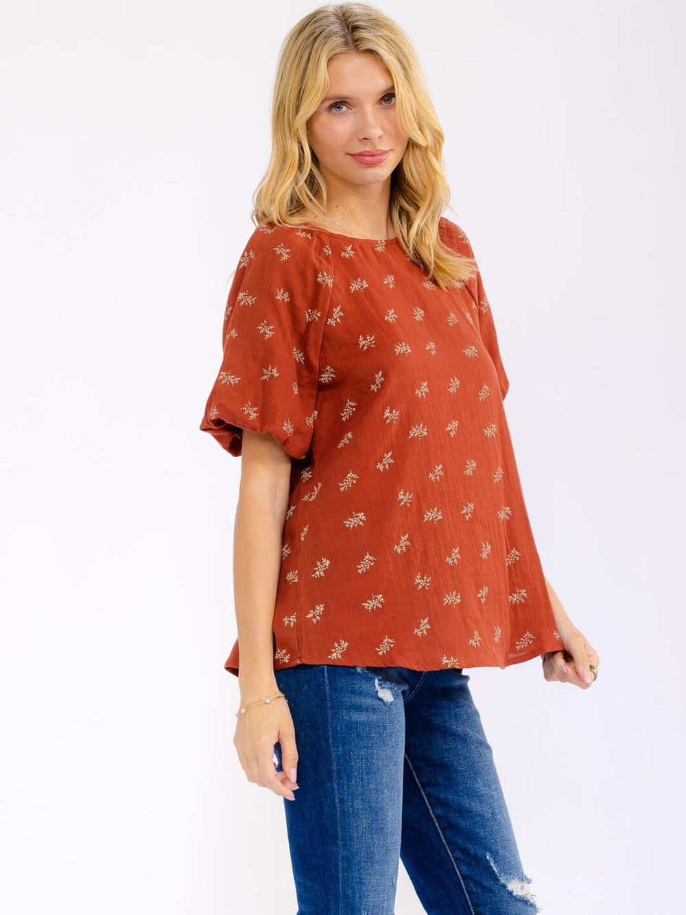 WOMEN'S SHORT PUFF SLEEVE FLORAL PRINT BLOUSE