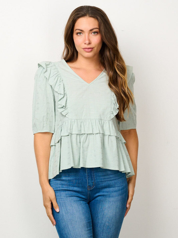 WOMEN'S SHORT SLEEVE V-NECK RUFFLE BLOUSE TOP
