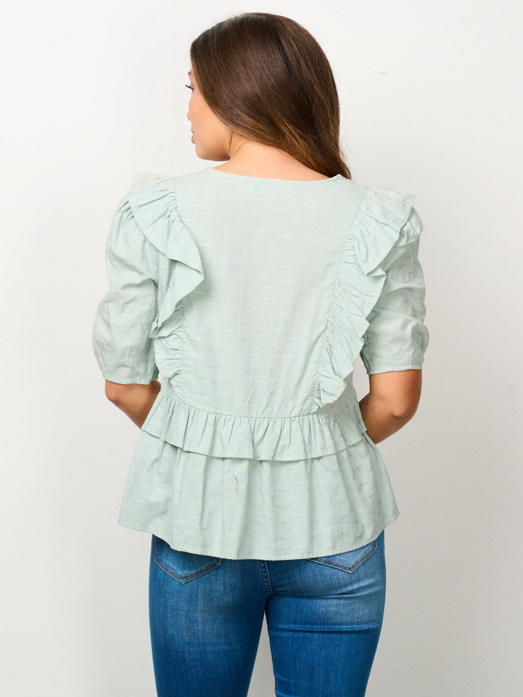 WOMEN'S SHORT SLEEVE V-NECK RUFFLE BLOUSE TOP