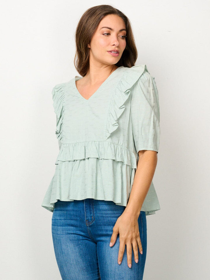 WOMEN'S SHORT SLEEVE V-NECK RUFFLE BLOUSE TOP