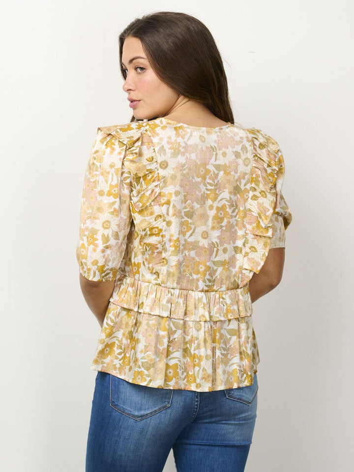 WOMEN'S SMALL PUFF SLEEVE V-NECK RUFFLE FLORAL BLOUSE TOP