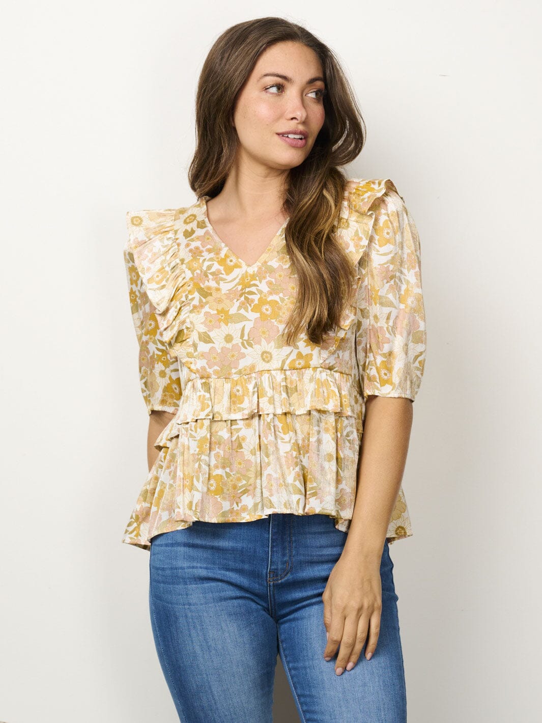 WOMEN'S SMALL PUFF SLEEVE V-NECK RUFFLE FLORAL BLOUSE TOP