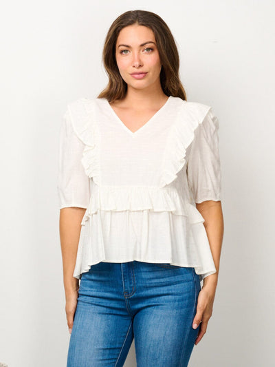 WOMEN'S SHORT SLEEVE V-NECK RUFFLE BLOUSE TOP