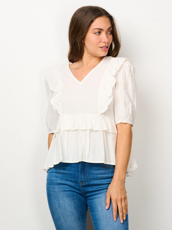 WOMEN'S SHORT SLEEVE V-NECK RUFFLE BLOUSE TOP