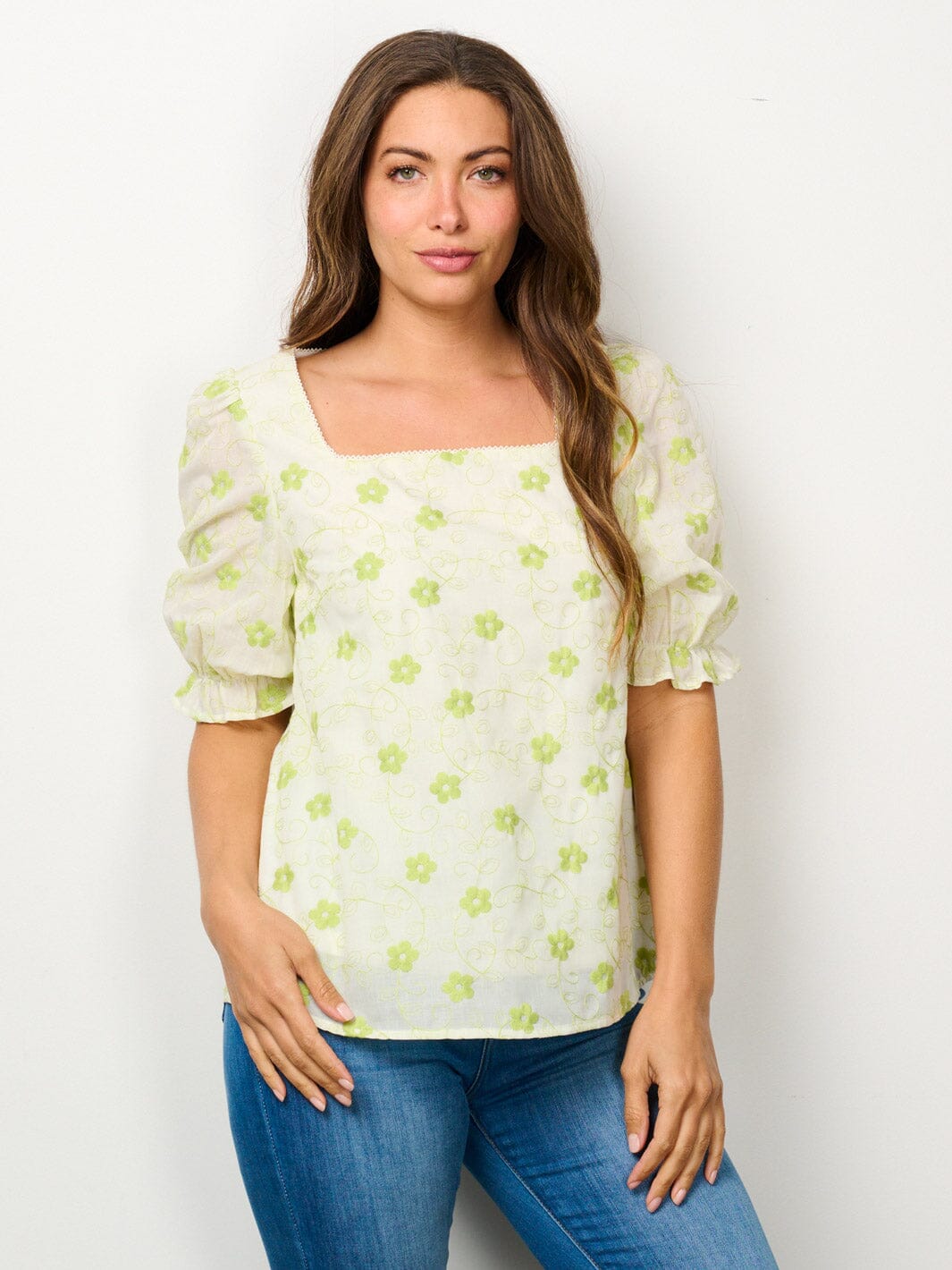 WOMEN'S SHORT PUFF SLEEVE SQUARE NECK EMBROIDERY FLORAL BLOUSE TOP
