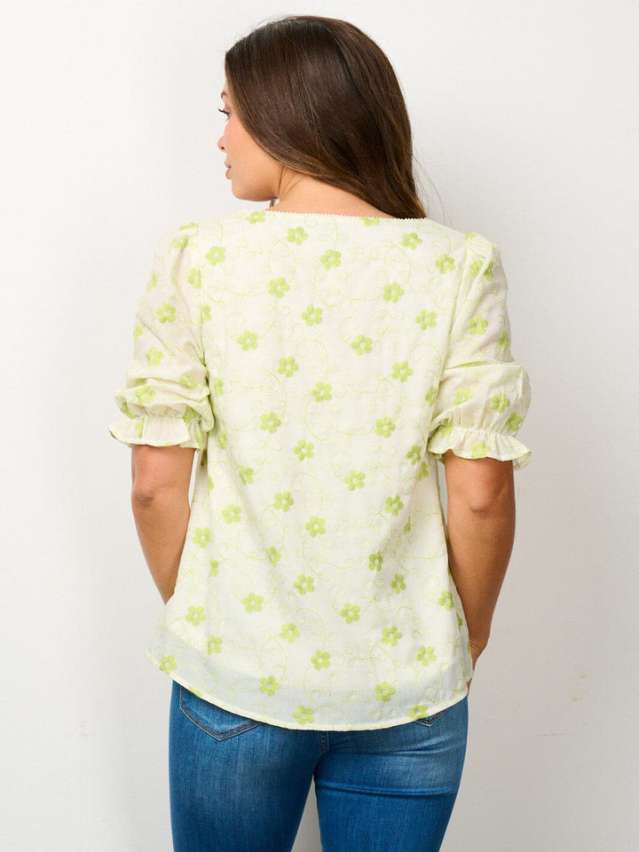 WOMEN'S SHORT PUFF SLEEVE SQUARE NECK EMBROIDERY FLORAL BLOUSE TOP