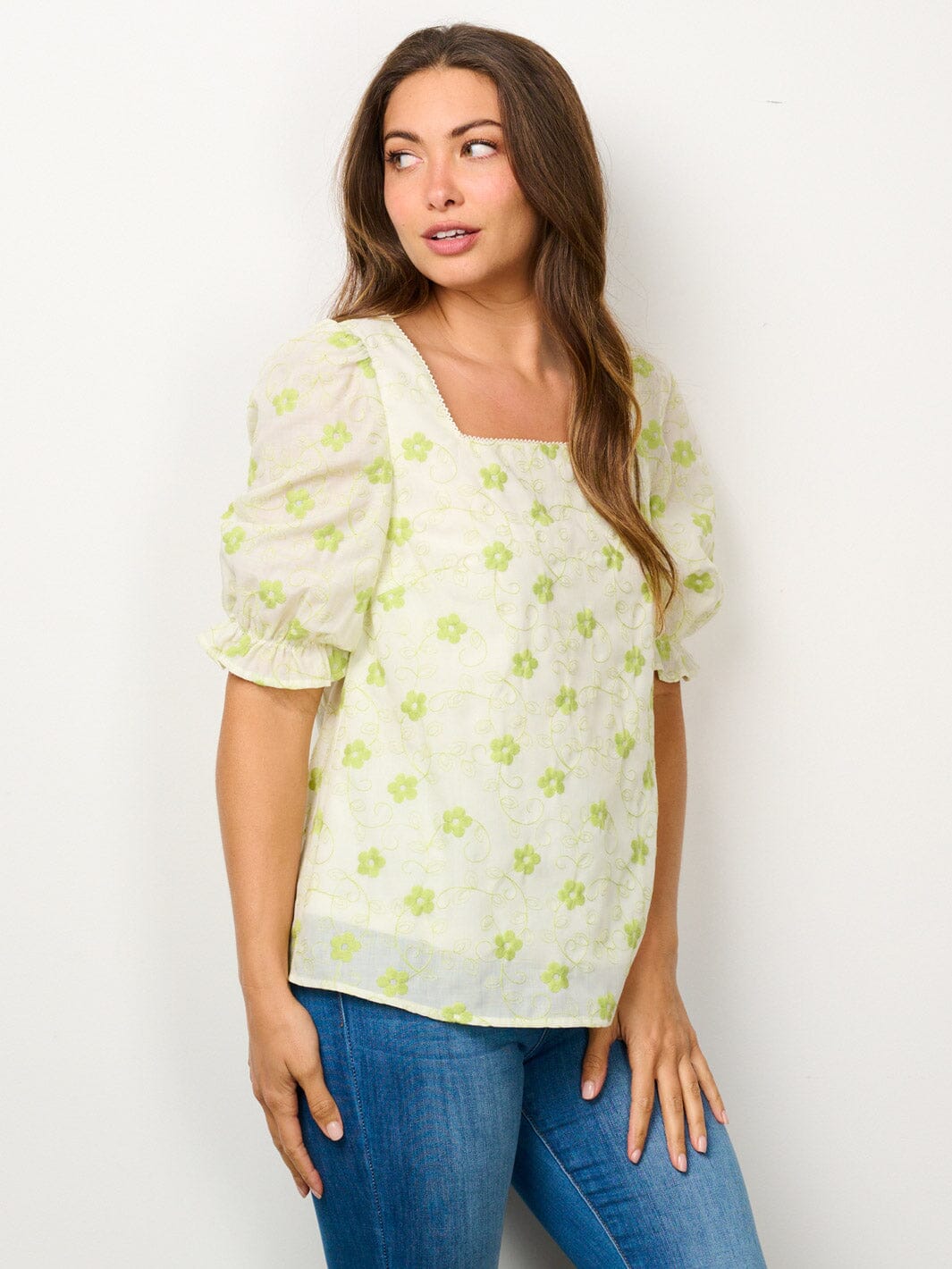 WOMEN'S SHORT PUFF SLEEVE SQUARE NECK EMBROIDERY FLORAL BLOUSE TOP