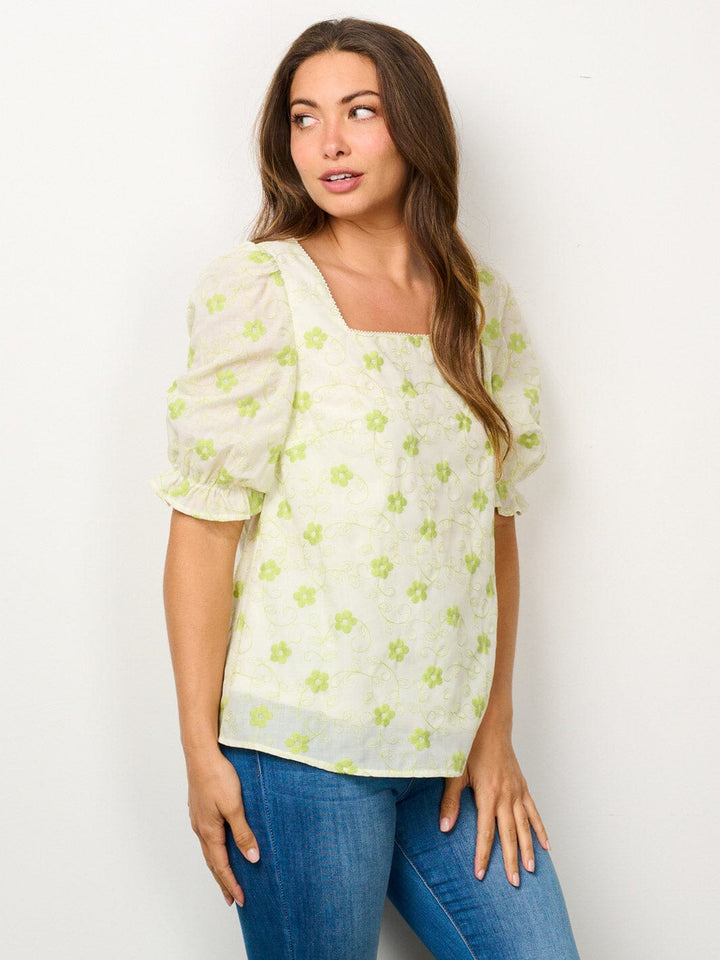 WOMEN'S SHORT PUFF SLEEVE SQUARE NECK EMBROIDERY FLORAL BLOUSE TOP