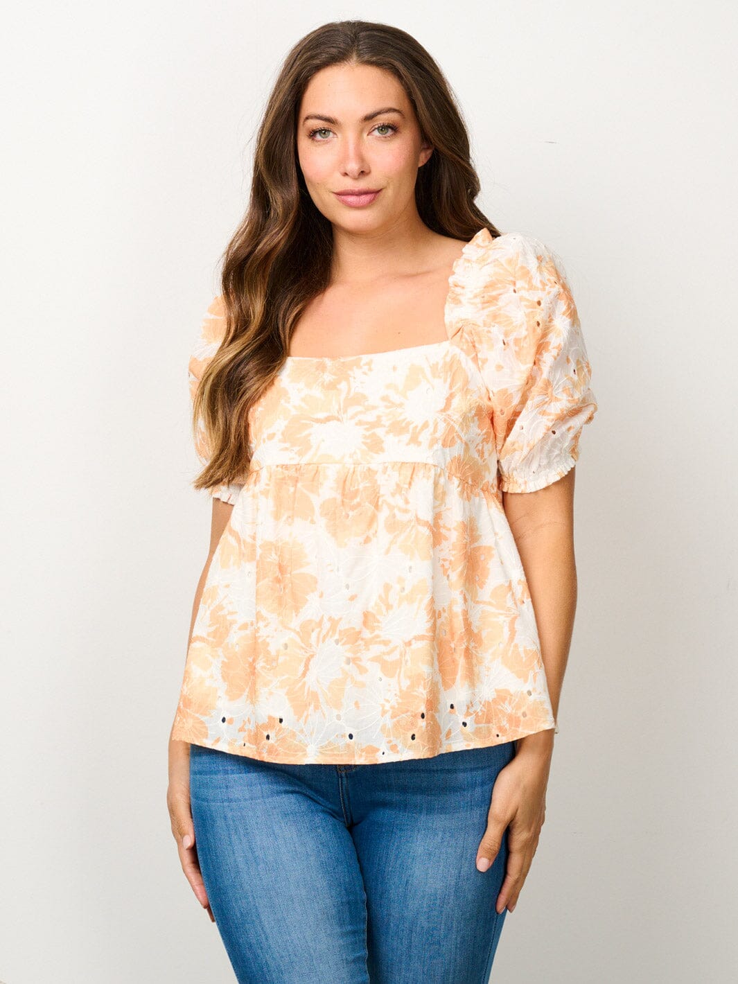 WOMEN'S SHORT PUFF SLEEVE SQUARE NECK EYELET FLORAL BLOUSE TOP