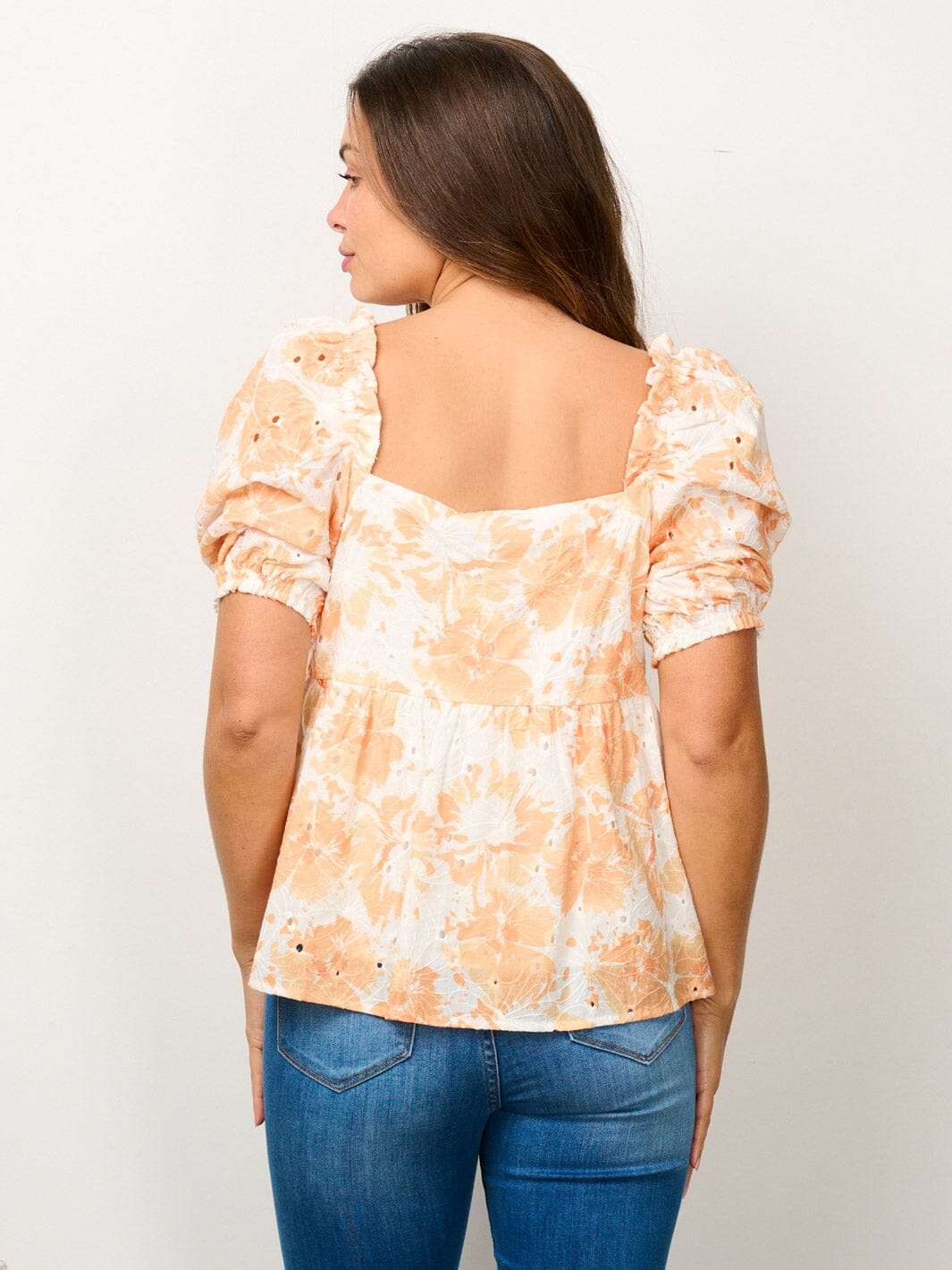 WOMEN'S SHORT PUFF SLEEVE SQUARE NECK EYELET FLORAL BLOUSE TOP