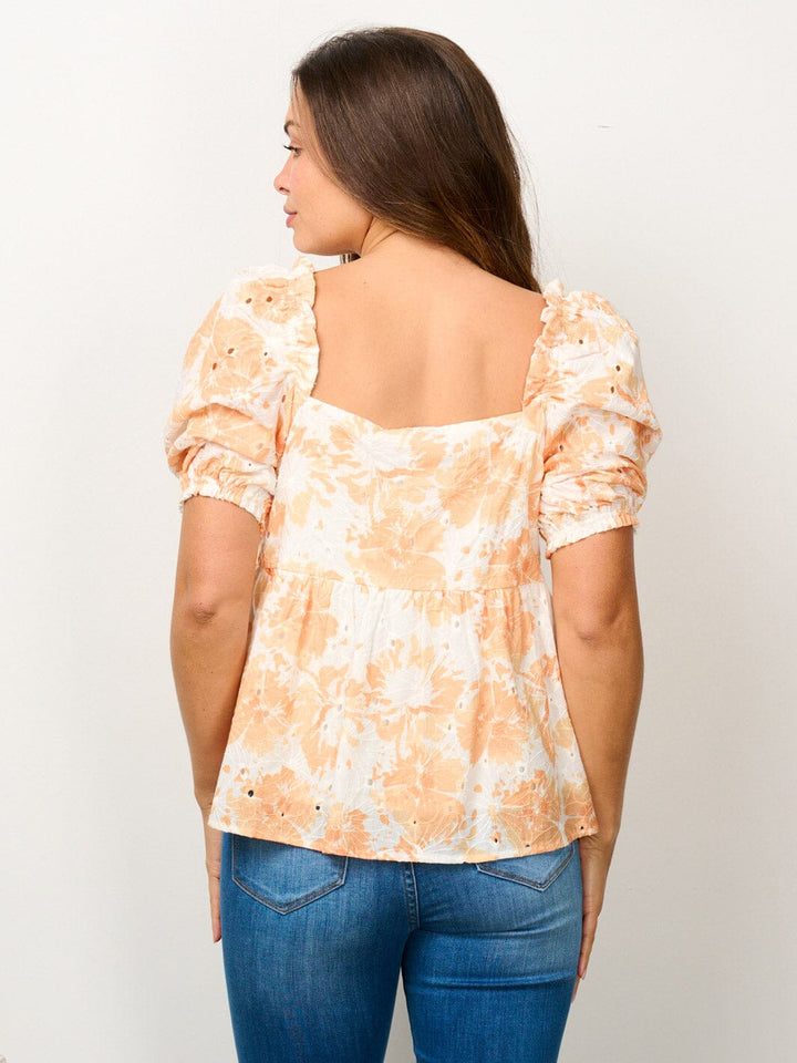 WOMEN'S SHORT PUFF SLEEVE SQUARE NECK EYELET FLORAL BLOUSE TOP