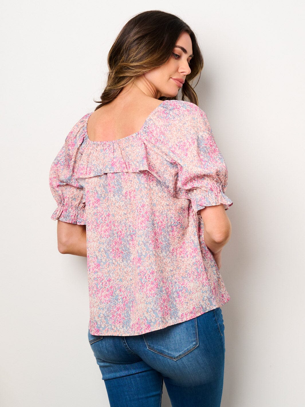 WOMEN'S SHORT PUFF RUFFLE FLORAL BLOUSE TOP