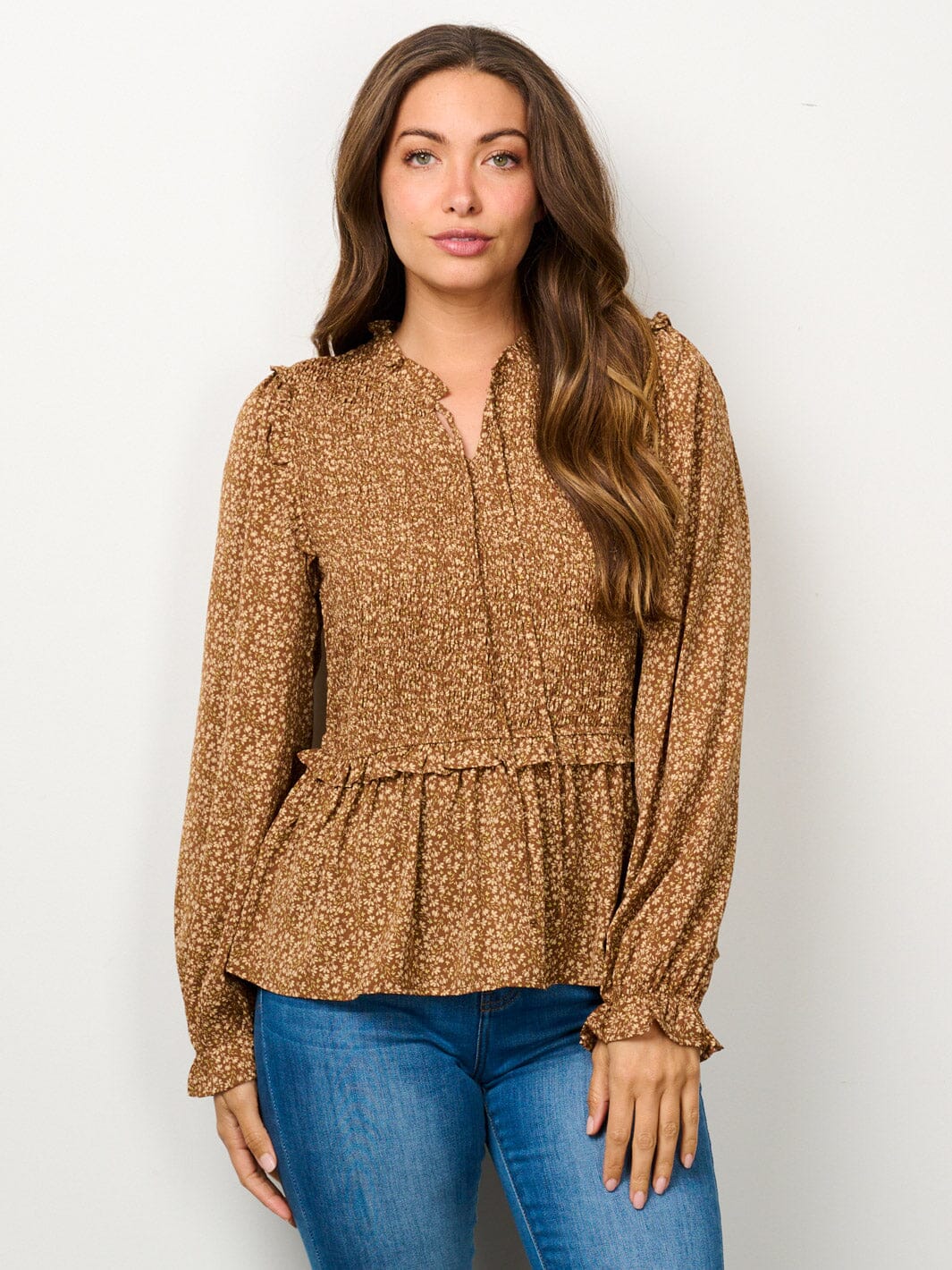 WOMEN'S LONG SLEEVE V-NECK SMOCK FLORAL BLOUSE TOP