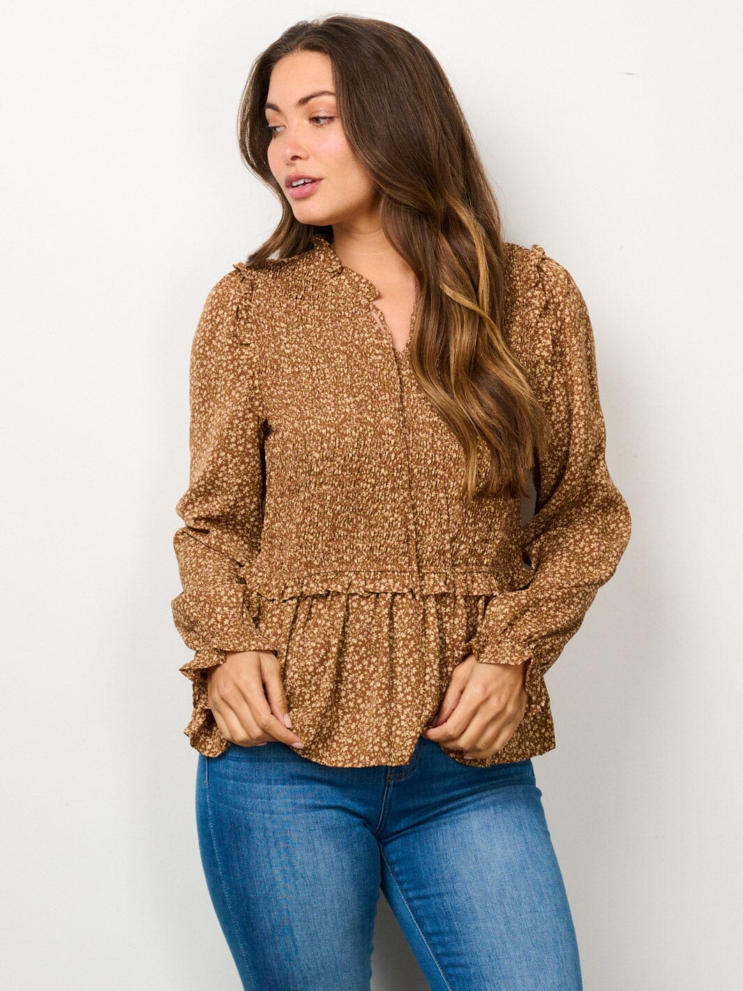 WOMEN'S LONG SLEEVE V-NECK SMOCK FLORAL BLOUSE TOP
