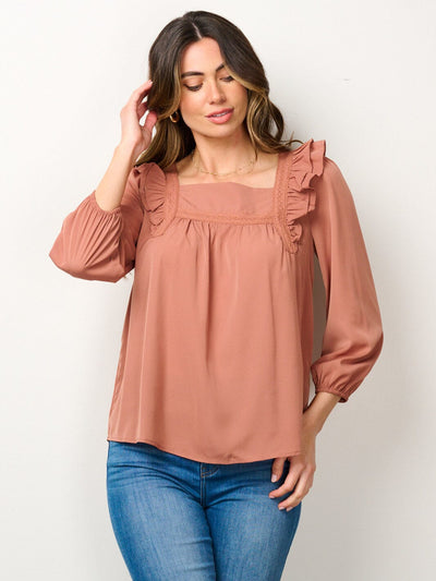 WOMEN'S 3/4 SLEEVE SQUARE NECK RUFFLE BLOUSE TOP