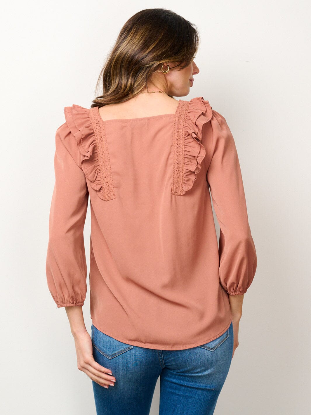 WOMEN'S 3/4 SLEEVE SQUARE NECK RUFFLE BLOUSE TOP