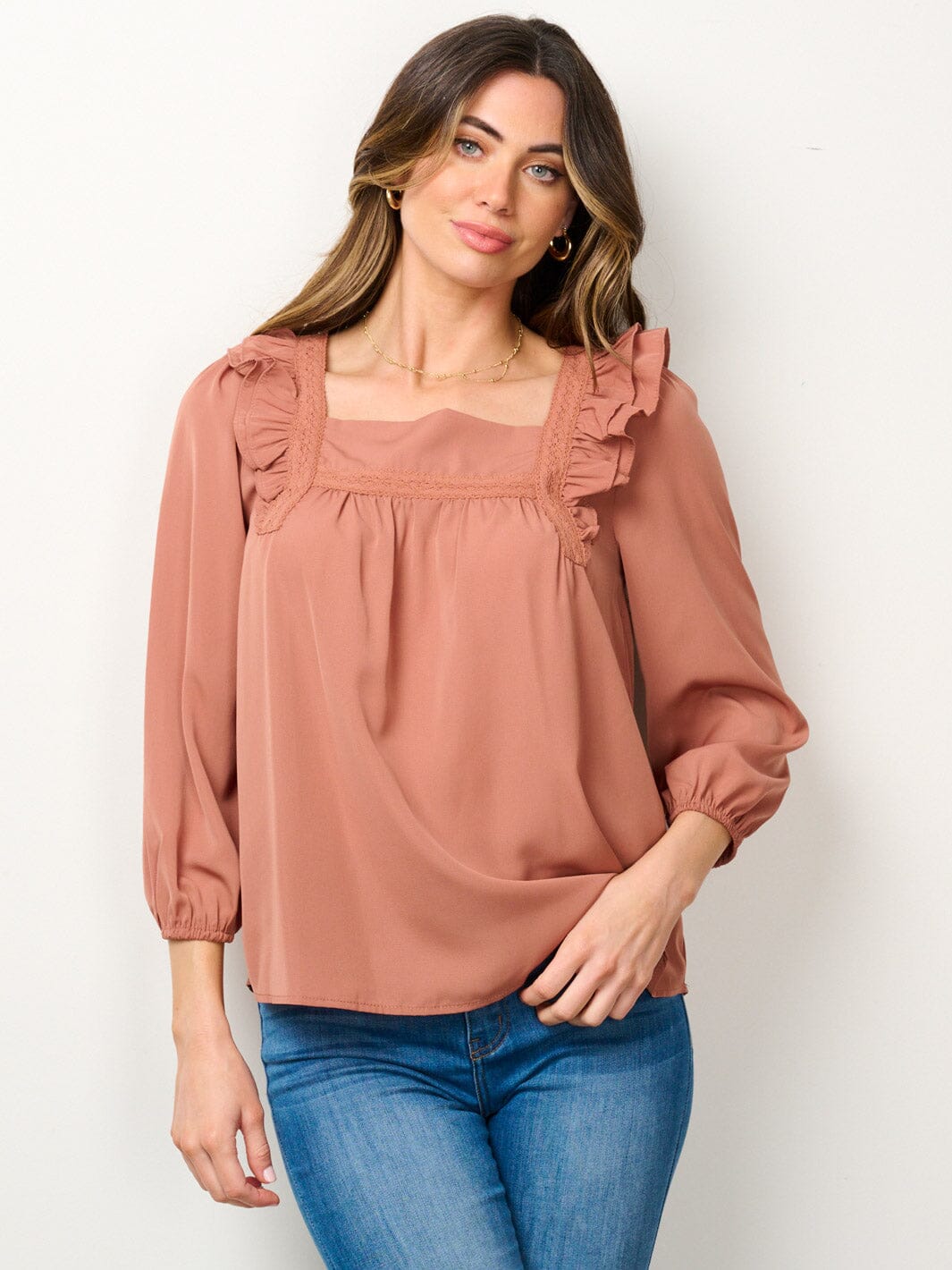 WOMEN'S 3/4 SLEEVE SQUARE NECK RUFFLE BLOUSE TOP