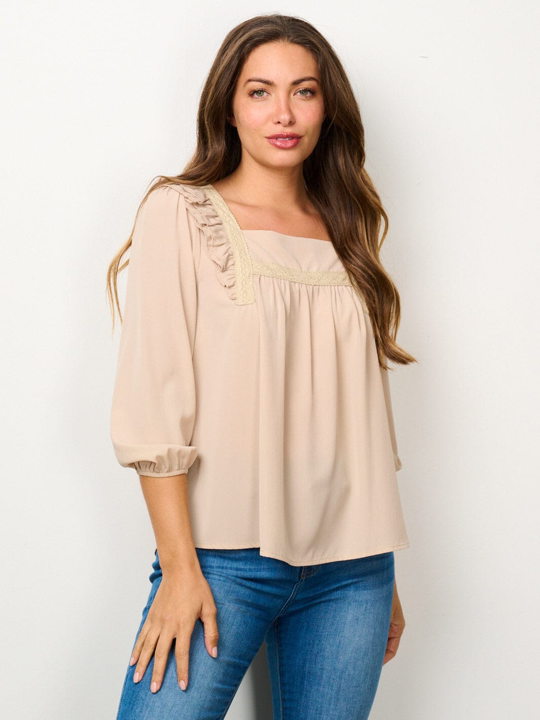 WOMEN'S LONG SLEEVE SQUARE NECK RUFFLE BLOUSE TOP