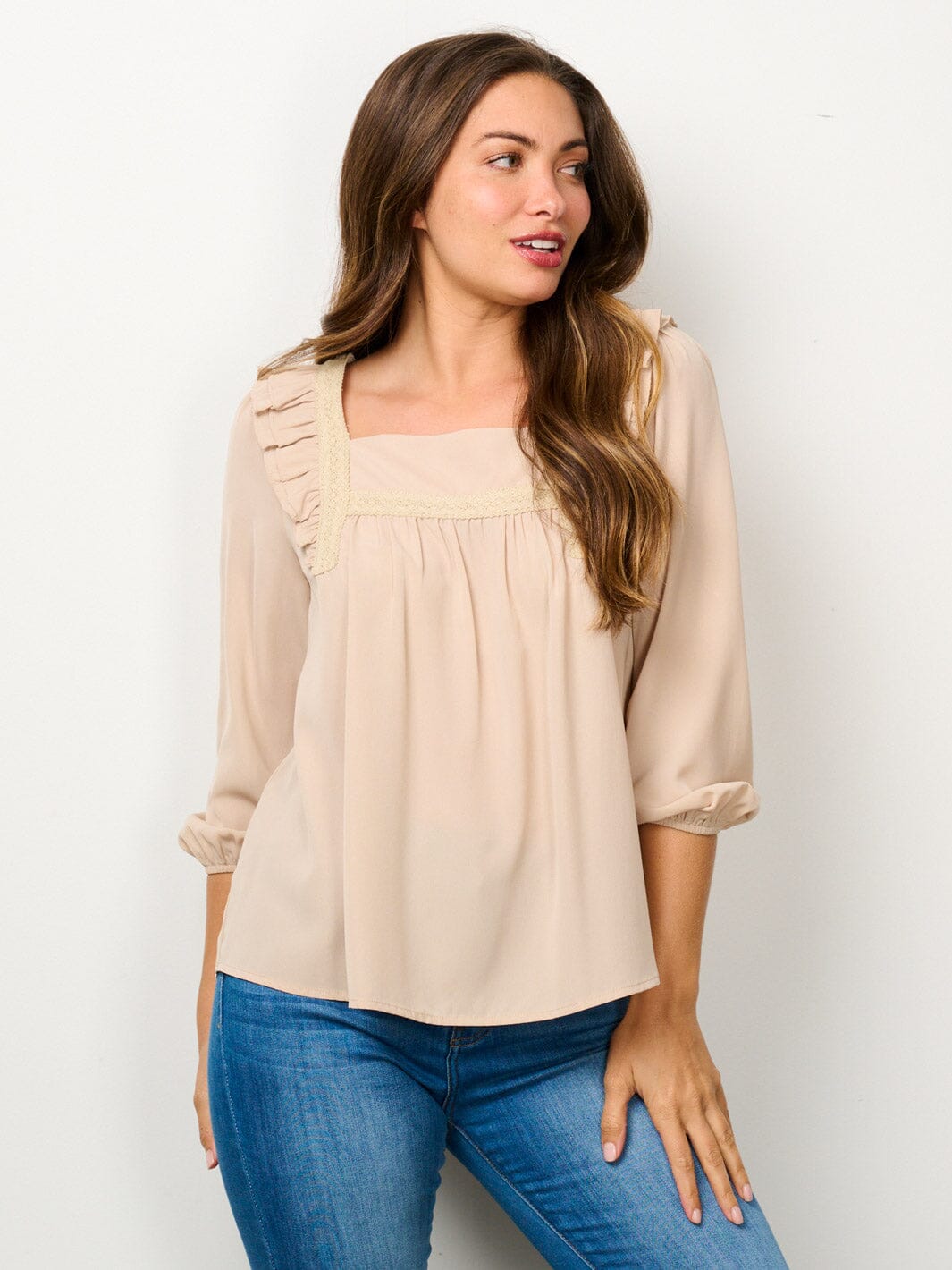 WOMEN'S LONG SLEEVE SQUARE NECK RUFFLE BLOUSE TOP