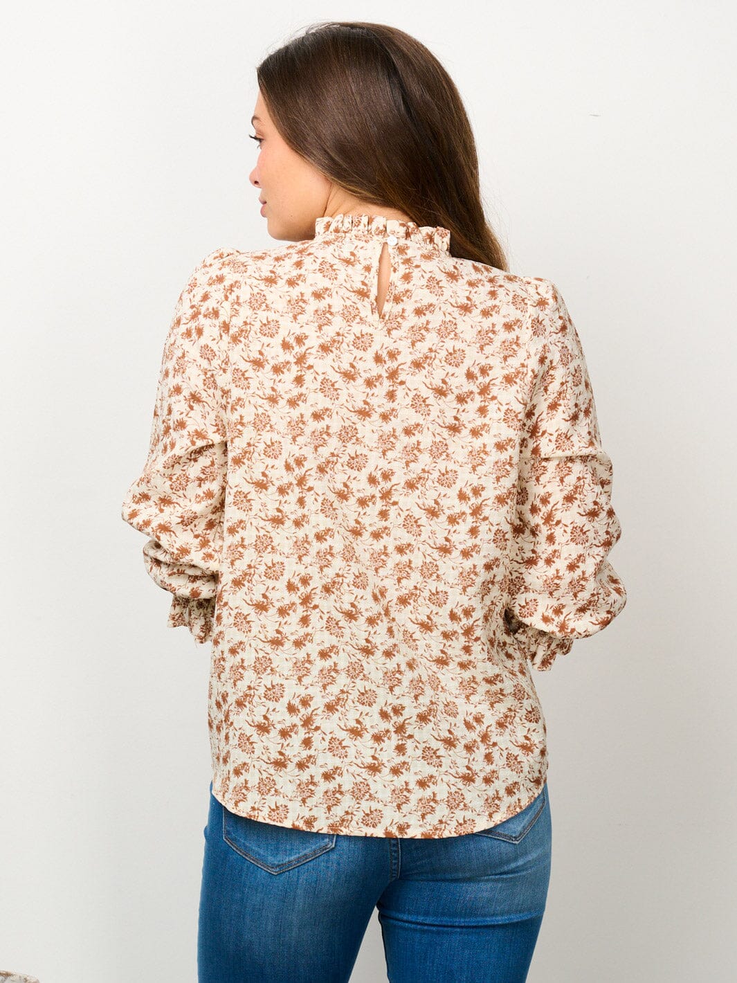 WOMEN'S 3/4 PUFF SLEEVE MOCK NECK SMOCK FLORAL BLOUSE TOP