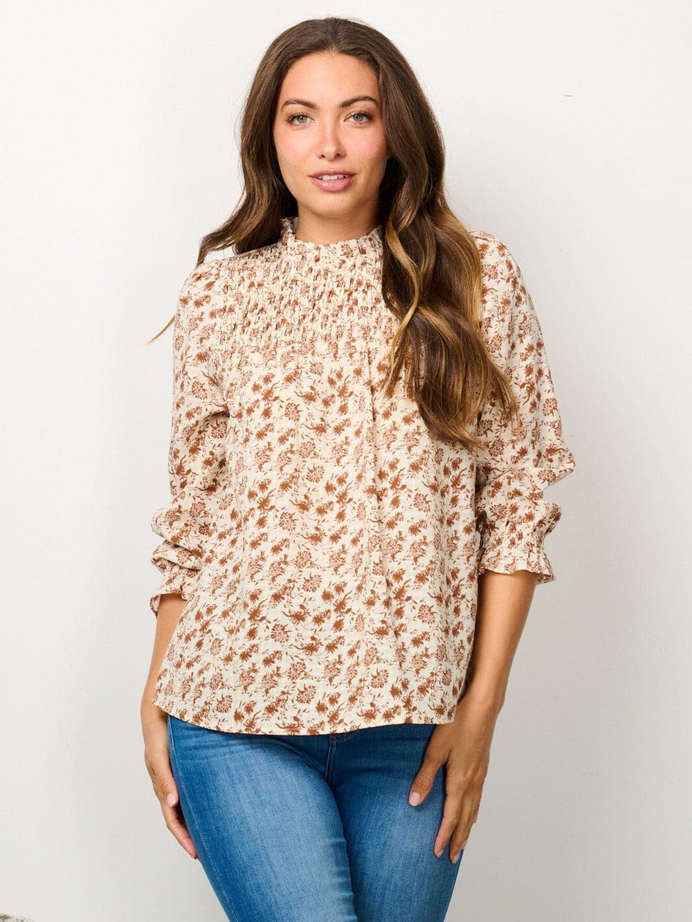 WOMEN'S 3/4 PUFF SLEEVE MOCK NECK SMOCK FLORAL BLOUSE TOP