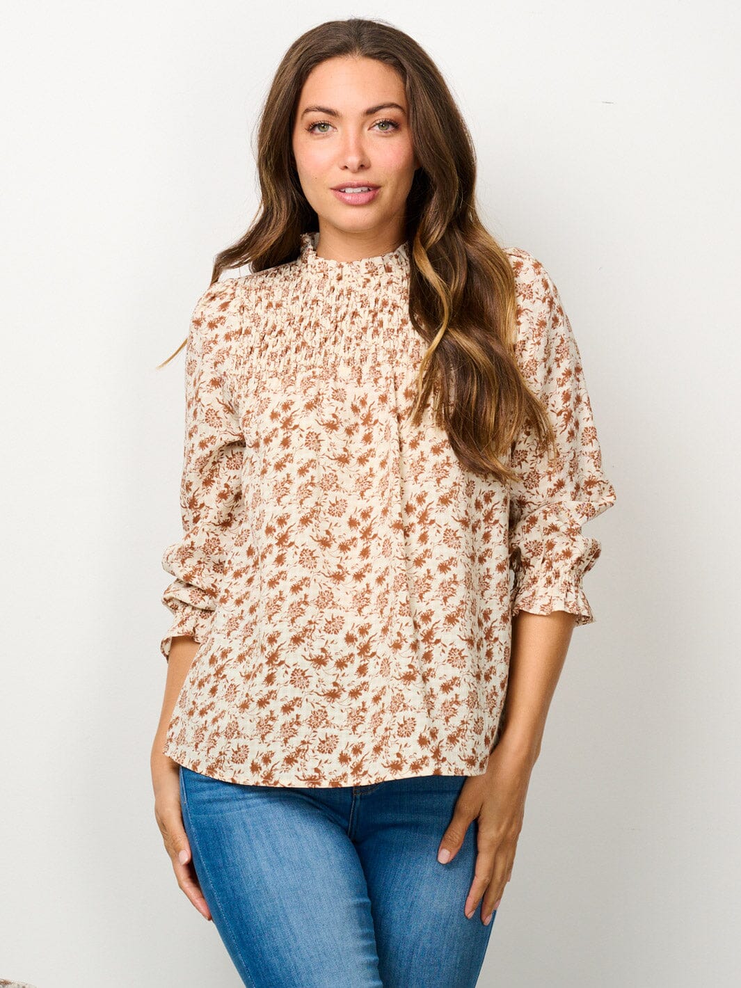 WOMEN'S 3/4 PUFF SLEEVE MOCK NECK SMOCK FLORAL BLOUSE TOP