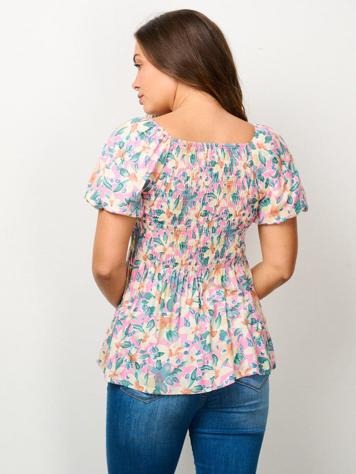WOMEN'S SHORT PUFF SLEEVE SMOCK FLORAL BLOUSE TOP