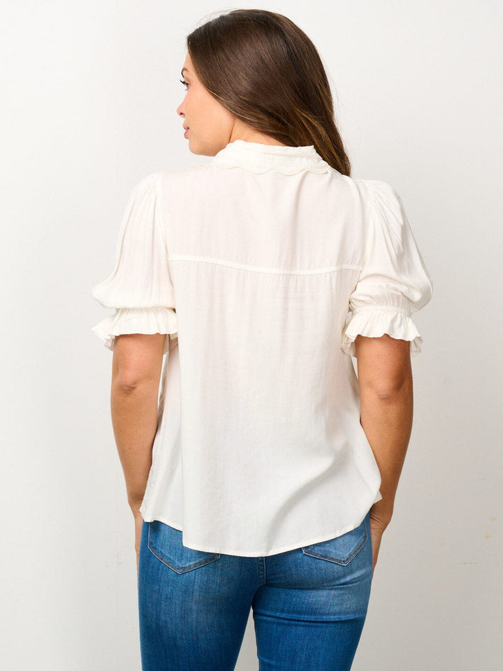 WOMEN'S SHORT SLEEVE EMBROIDERY DETAILED BLOUSE TOP
