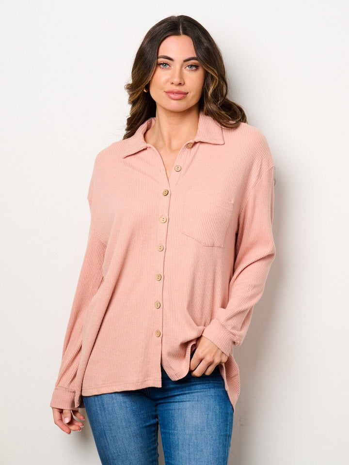 WOMEN'S LONG SLEEVE BUTTON UP FRONT POCKETS RIBBED BLOUSE TOP