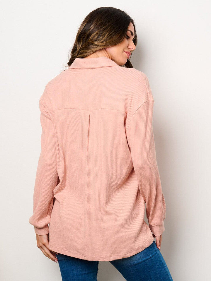WOMEN'S LONG SLEEVE BUTTON UP FRONT POCKETS RIBBED BLOUSE TOP