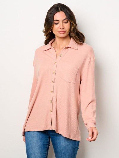 WOMEN'S LONG SLEEVE BUTTON UP FRONT POCKETS RIBBED BLOUSE TOP