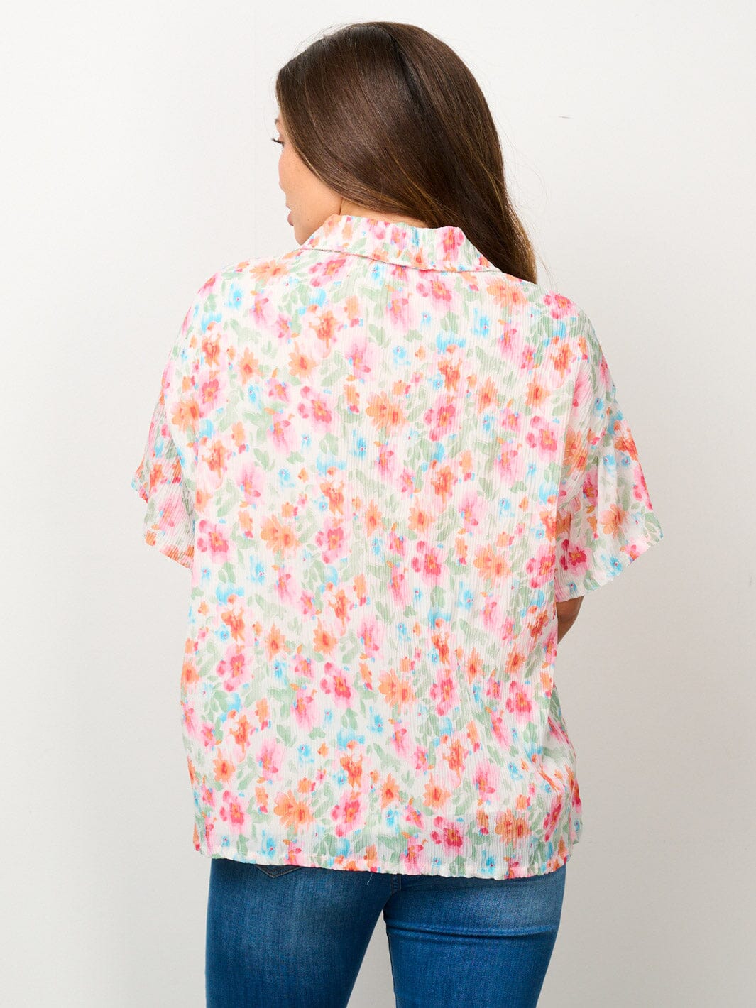 WOMEN'S SHORT SLEEVE BUTTON UP FLORAL BLOUSE TOP
