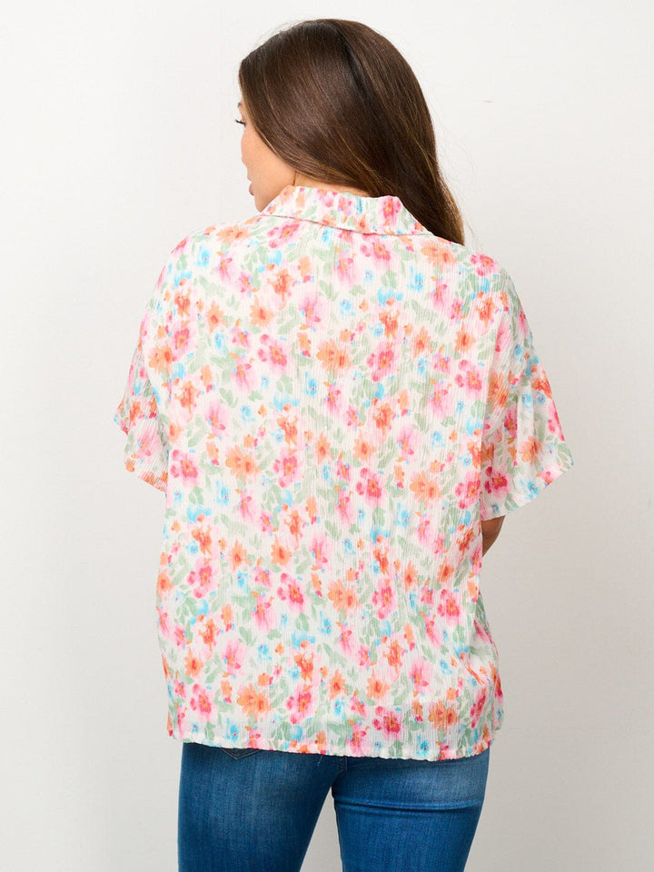WOMEN'S SHORT SLEEVE BUTTON UP FLORAL BLOUSE TOP