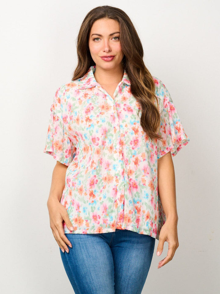 WOMEN'S SHORT SLEEVE BUTTON UP FLORAL BLOUSE TOP