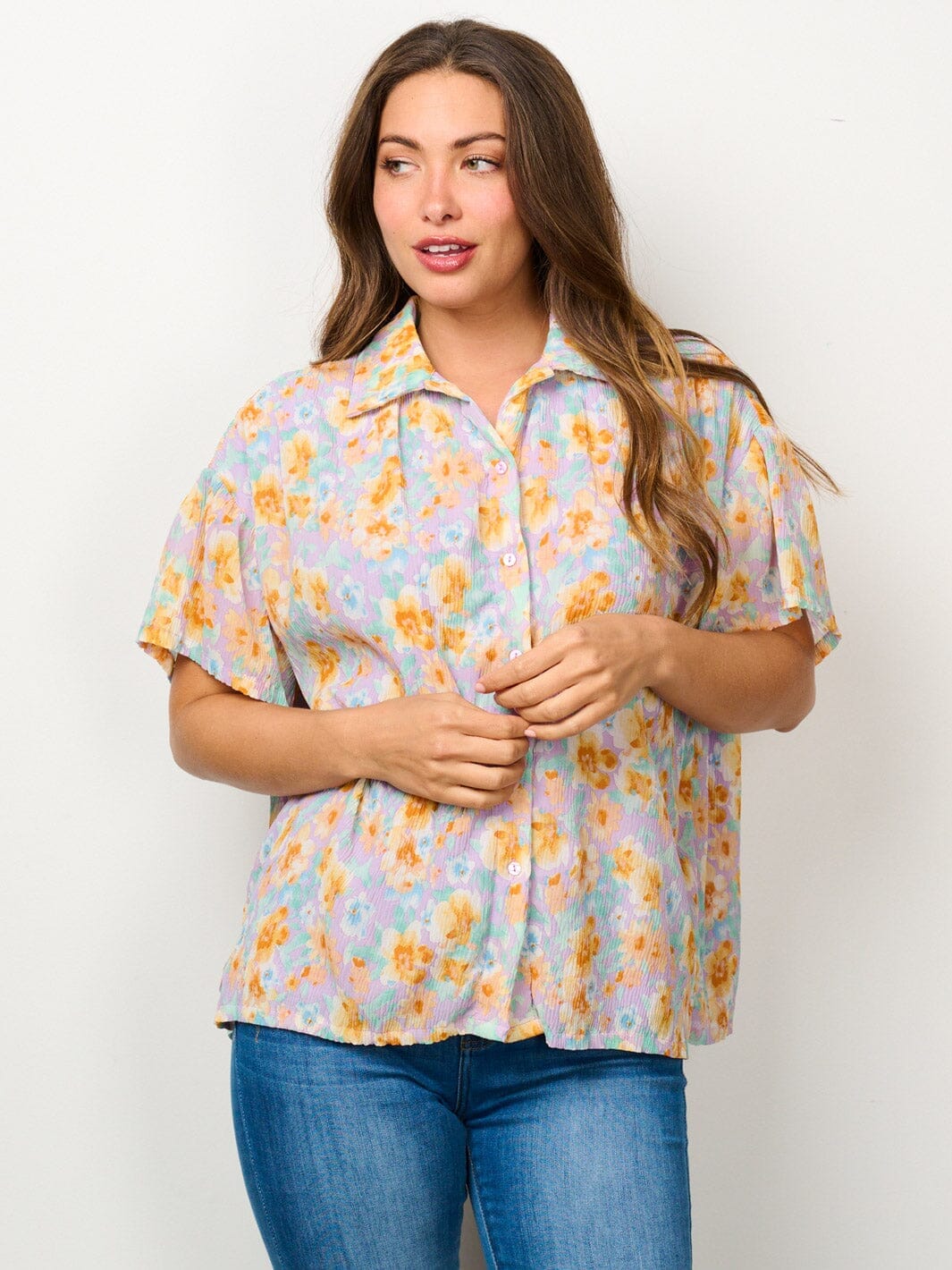 WOMEN'S SHORT SLEEVE BUTTON UP FLORAL BLOUSE TOP